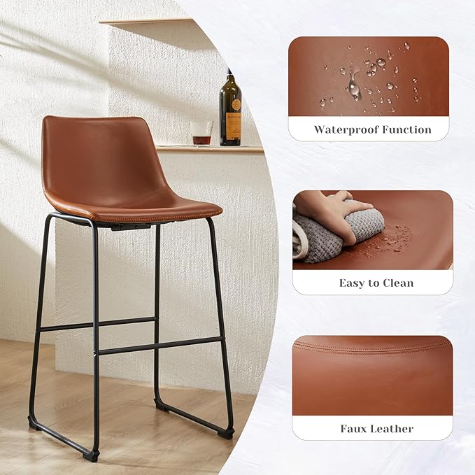 Sweetcrispy Counter Height Bar Stools Set of 2, 30 inch Height Stool Faux Leather Barstools with Back, Armless Kitchen Island Countertop Comfortable Modern Chairs with Metal Legs - Brown