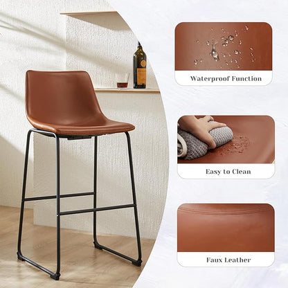 DUMOS Counter Height Bar Stools Set of 2, 30 inch Height Stool Faux Leather Barstools with Back, Armless Kitchen Island Countertop Comfortable Modern Chairs with Metal Legs, Warm Brown
