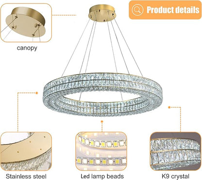 Led 32in Gold Ring Chandelier, Modern Crystal Chandelier Lighting Hanging Ring Adjustable,Round Crystal Ceiling Light Fixture for Living Room Dining Room Bedroom