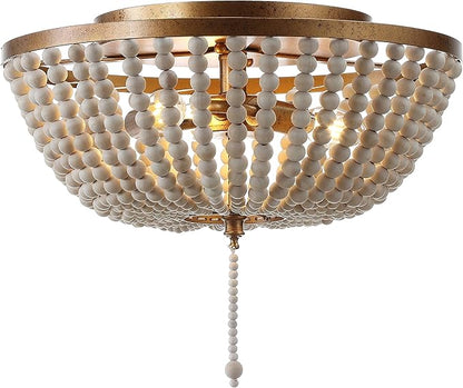 JONATHAN Y 15" Antique Gold/Cream Allison 3-Light LED Flush Mount Ceiling Light for Bedroom, Wood Beaded Shade Shabby Chic Farmhouse Rustic Decor, LED Bulbs Included (JYL9019A)