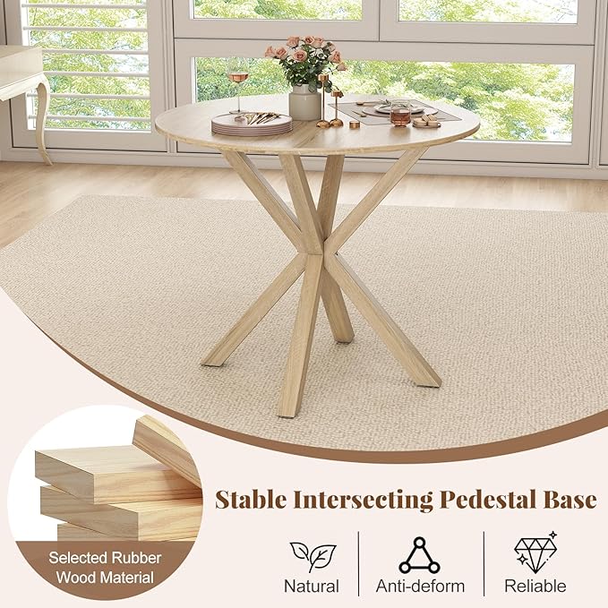 Giantex 36" Round Dining Table for 4, Farmhouse Kitchen Table with Rubber Wood Legs, Adjustable Foot Pads, Dining Room Tables for Dinette, Small Space, Dinner, Living Room, Restaurant, Oak
