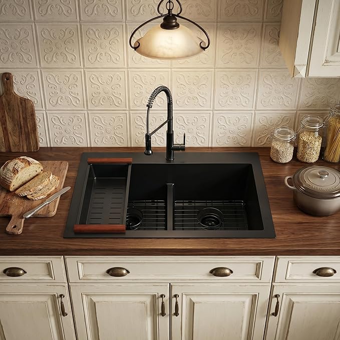 MILOSEN 33''x22''Black Double Bowl Kitchen Sink, 50/50 T304 Stainless Steel Drop in Kitchen Sinks, Topmount Large and Deep Workstation Sink, Handmade Low-Divide Double Basin with Custom Accessories