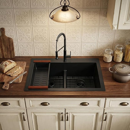 MILOSEN 33''x22''Black Double Bowl Kitchen Sink, 50/50 T304 Stainless Steel Drop in Kitchen Sinks, Topmount Large and Deep Workstation Sink, Handmade Low-Divide Double Basin with Custom Accessories