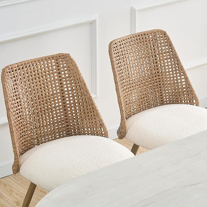Rattan Dining Chairs, Upholstered Dining Chairs with Armless and PE Cane Backrest, Mid Century Modern Dining Room Chairs with Metal Legs for Kitchen Island,Set of 4