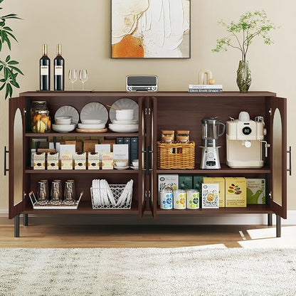 HUAHUU 55" Buffet Cabinet with Storage, Large Sideboard Buffet Cabinet with 4 Doors & 2 Adjustable Shelves, Modern Sideboard Storage Cabinets for Kitchen Living Room Entryway, Walnut