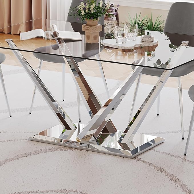 Luxury Silver Glass Dining Table for 4-6 Modern 63-Inch Rectangular Kitchen & Dining Room Table with Double V-Shape Stainless Steel Base Large Clear Glass Top Dining Table for Home Office