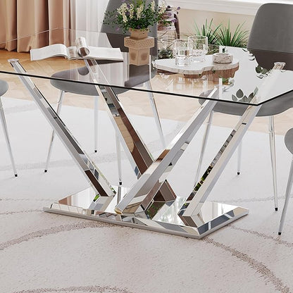 Luxury Silver Glass Dining Table for 4-6 Modern 63-Inch Rectangular Kitchen & Dining Room Table with Double V-Shape Stainless Steel Base Large Clear Glass Top Dining Table for Home Office