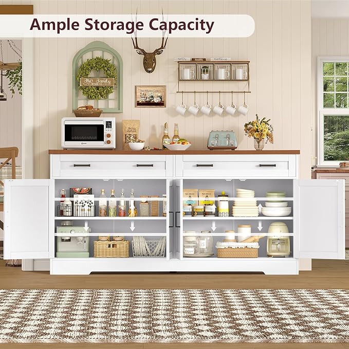 TEENFON 63” Buffet Cabinet with Storage and 2 Drawers, Large Sideboard Cabinet with 2 Adjustable Shelves and 4 Doors, Coffee Bar, Buffet Table for Kitchen, Dining Room, White