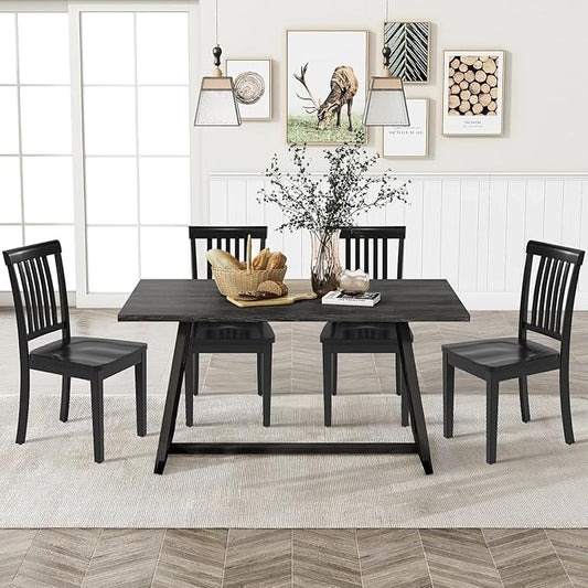 COLAMY Wooden Dining Chairs Set of 4, Solid Rubberwood Kitchen & Dining Room Chairs, High Spindle Back Windsor Style, Modern Dining Table Chairs, Non-Slip Foot Pads, Minimalist Home Furniture,Black