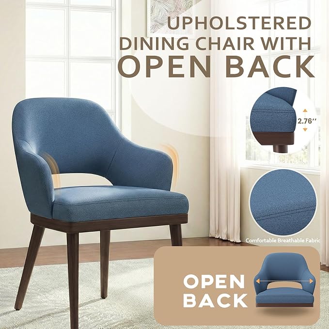 MALOL Wooden Dining Chairs Set of 6, Modern Fabric Upholstered Dining Room Chair, Kitchen Side Chairs, Farmhouse Dinner Chair with Open Back for Kitchen, Blue