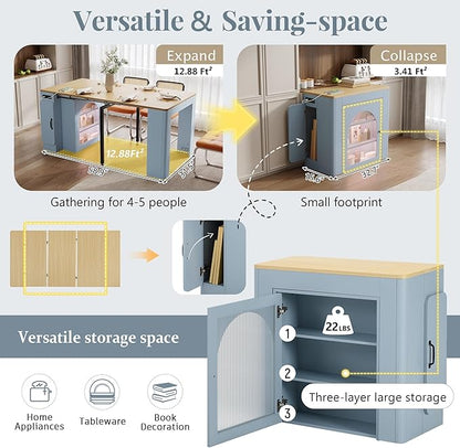 59" Extendable Dining Table, Mobile Kitchen Island Table with 3 Removable Middle Leaves & LED Light Strip & Power Outlet, Saving-Space Bar Table Sideboard for Small Space,Grey Blue+Natural