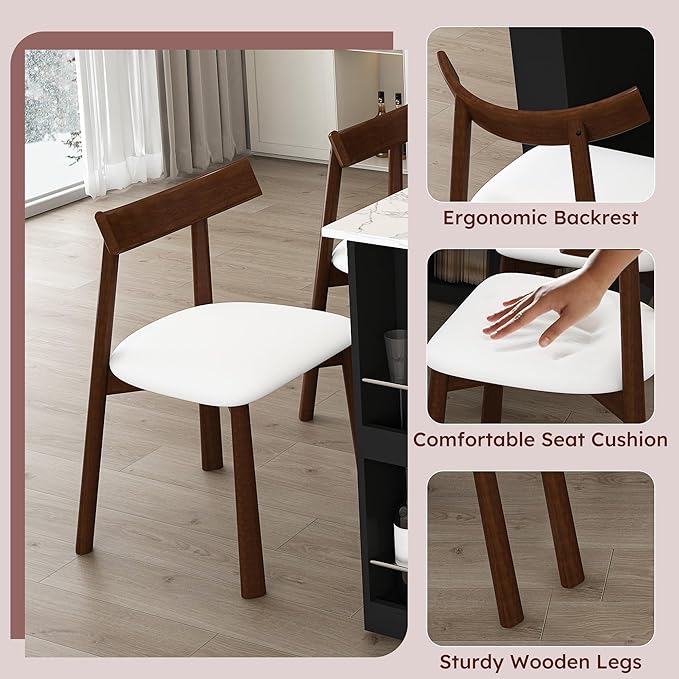 Kitchen Island Set with 2 Solid Wood Chairs, Extendable Rotating Table,with Marble Veneer Retro Design, 4 Drawers Glass Door Cabinets, Expandable Dining Station for 2 4 Person