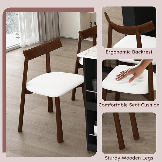 Kitchen Island Set with 2 Solid Wood Chairs, Extendable Rotating Table,with Marble Veneer Retro Design, 4 Drawers Glass Door Cabinets, Expandable Dining Station for 2 4 Person