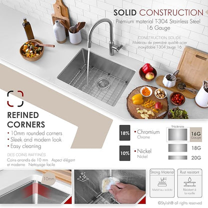 Stylish Undermount Kitchen Sink 25 x 18 Inch 16G Stainless Steel Sink 10mm Radius Corners Single Bowl Kitchen Sinks with Bottom Grid and Luxury Basket Strainer, S-312XG
