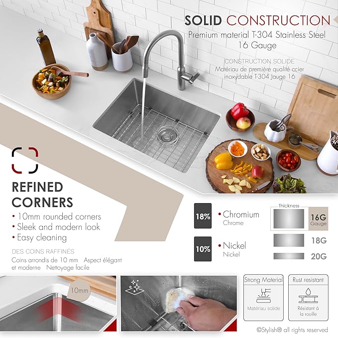 Stylish 23 x 18 Inch Undermount Kitchen Sink 16G Stainless Steel 10mm Radius Corners Single Bowl Kitchen Sinks with Bottom Grid and Luxury Basket Strainer, S-307XG
