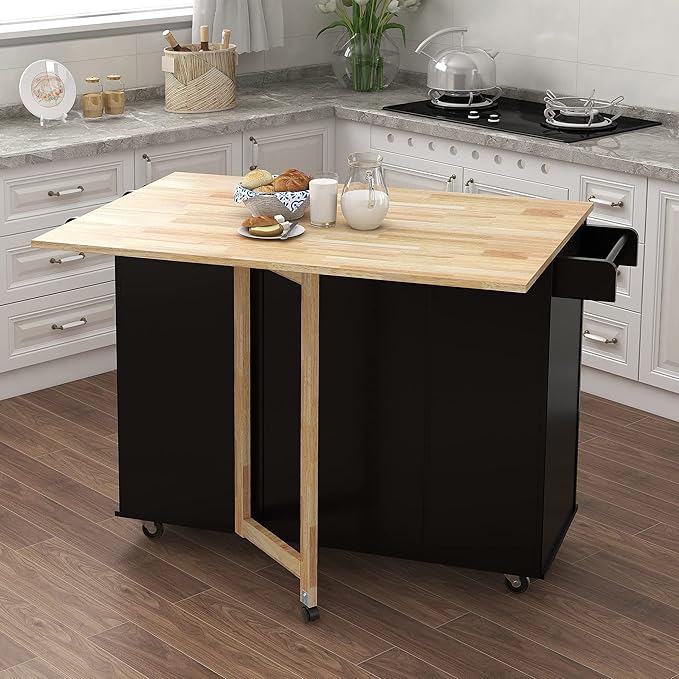 Modern Dining Table with and Extensible Solid Wood Table Top, Kitchen Island with Spice Rack, Towel Rack, Wood Table with, Counter, Consol