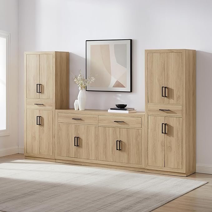 Crosley Furniture Isla 3-Piece Modern Sideboard Buffet Cabinet and Kitchen Storage Pantry Set, Ash