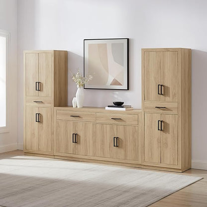 Crosley Furniture Isla 3-Piece Modern Sideboard Buffet Cabinet and Kitchen Storage Pantry Set, Ash