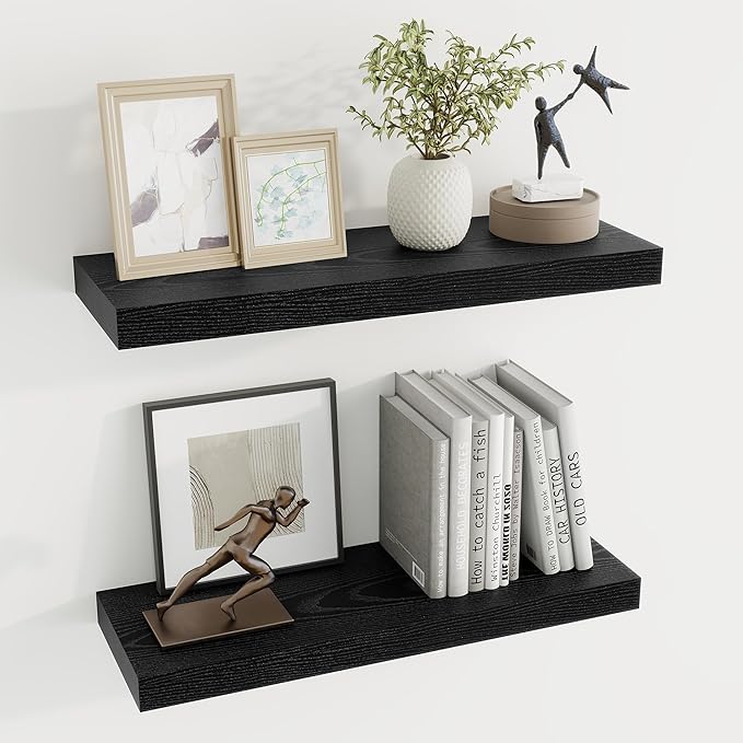 Dreamland 24 Inch Long Floating Shelves in Black,6.7 Inch Deep Floating Shelf for Wall,Large Display & Storage Shelf, Wall Shelf for Bathroom Bedroom Living Room Kitchen Office，Set of 2