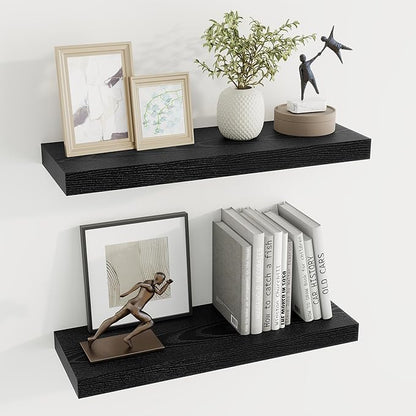 Dreamland 24 Inch Long Floating Shelves in Black,6.7 Inch Deep Floating Shelf for Wall,Large Display & Storage Shelf, Wall Shelf for Bathroom Bedroom Living Room Kitchen Office，Set of 2
