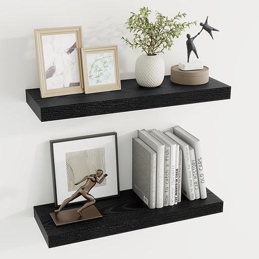 Dreamland 24 Inch Long Floating Shelves in Black,6.7 Inch Deep Floating Shelf for Wall,Large Display & Storage Shelf, Wall Shelf for Bathroom Bedroom Living Room Kitchen Office，Set of 2