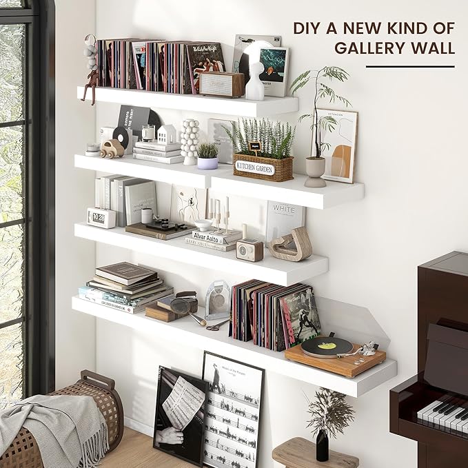 Venusmiles Floating Shelves for Wall, 48 Inch Wide x 12 Inch Deep Floating Shelves, Long Wood Floating Wall Shelf Shelves for Living Room Bathroom Bedroom Kitchen Home - (White, 48" W x 12" D x 2" H)