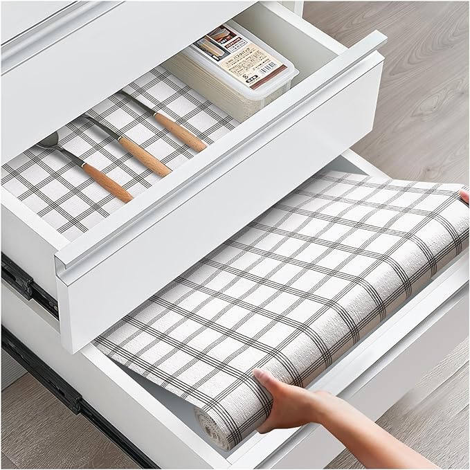 Drawer and Shelf Liner, Non-Slip Kitchen Cabinet Liners Non-Adhesive Thick Strong Grip Waterproof Washable Mats Protect Dresser Shelves Cupboard Bathroom Cabinets, White Stripes, 12 in X 10 FT