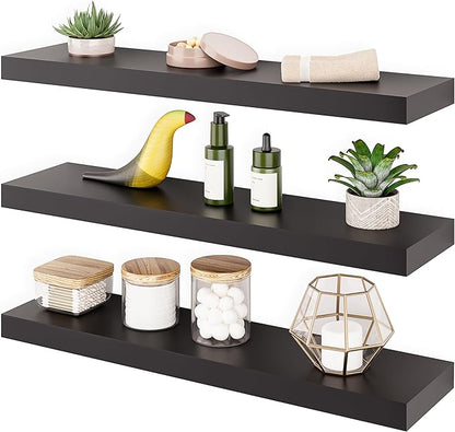 Ballucci Floating Shelves for Wall, 24" Wood Wall Mount Shelf Set of 3, Invisible Brackets Floating Shelf for Decor Living Room, Bathroom, Bedroom, Kitchen, 6" Depth, Black