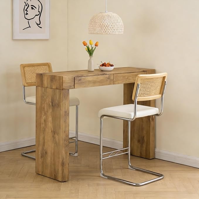 Counter Height Dining Set with Rattan Back Stools,Bar Table with 2 Drawers,Upholstered Kitchen Island Chairs,Chrome Cantilever Frame,Modern Furniture for Dining Room (Wood Table,2 White Chairs)
