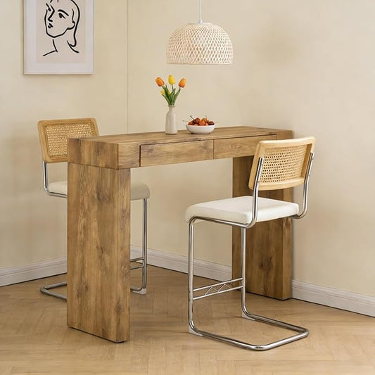 Counter Height Dining Set with Rattan Back Stools,Bar Table with 2 Drawers,Upholstered Kitchen Island Chairs,Chrome Cantilever Frame,Modern Furniture for Dining Room (Wood Table,2 White Chairs)