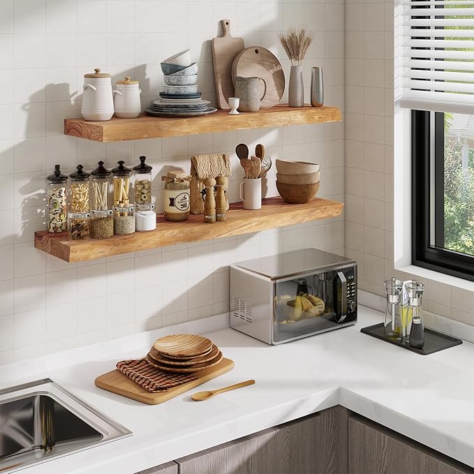 Acovy Extra Deep 40" Long Live Edge Rustic Floating Shelves for Wall, Solid Wood Wall Shelves with Invisible Bracket Mount for Living Room Bathroom Bedroom Kitchen, Set of 1, Natural