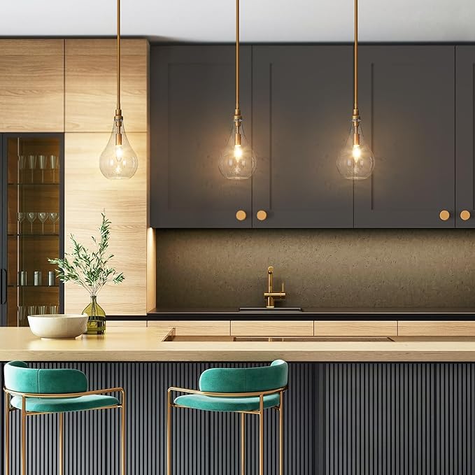 LALUZ Gold Pendant Light Kitchen Island Modern 1-Light Pendant Light Fixtures Adjustable Hanging Pendant Lighting with Teardrop Seeded Glass Shade