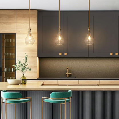 LALUZ Gold Pendant Light Kitchen Island Modern 1-Light Pendant Light Fixtures Adjustable Hanging Pendant Lighting with Teardrop Seeded Glass Shade