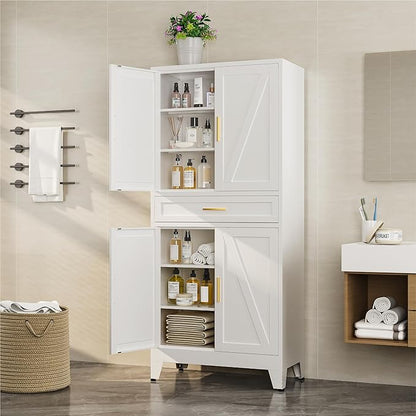 Bevivog Metal Storage Cabinet with Drawers, Tall Cabinets with Doors and Shelves, 4 Doors High Storage Cabinet for Office/Pantry/Living Room