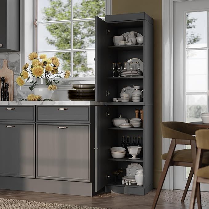 Palace Imports Solid Wood Pantry Cabinet - Tall Narrow Storage Cabinet with Raised Panel Doors - 16.5" W x 71.5" H - Gray, Kitchen Cupboard, Adjustable Shelves, 100% Eco-Friendly Wood, Modular