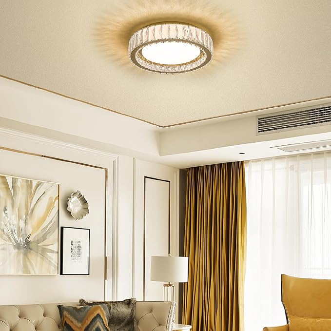 Modern K9 Crystal Dimmable LED Flush Mount Ceiling Light,15 Inch 36W/5CCT 3000K-6000K,Luxury Gold Round Large Close to Ceiling Lighting Fixtures for Living Room,Kitchen,Bedroom,Dining Room