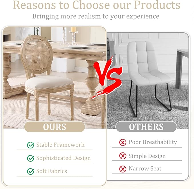 French Country Dining Chairs Set of 6, Upholstered Rattan Dining Chair with Round Backrest, Farmhouse Vintage Dining Chairs for Living Room, Kitchen, Restaurant (Beige-Rattan, Set of 6)