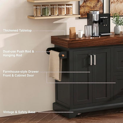 53.25" Large Kitchen Island with Storage on Wheels and 2 Extra-large Drawers, Rolling kitchen Island with Spice Rack and Towel Rack, Mobile Dining Table with 3.5" Thick Desktop and Cabinet Black