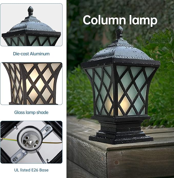 Outdoor Column Lights, 24.4″ Modern Column Lamp IP54 Waterproof Glass Post Light Outdoor E26 Aluminum Fence Post Light Fixtures for Villa Garden Park Lighting Black Pillar Lights