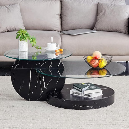 Glass Coffee Table, Modern Round Glass Coffee Table with Wooden Base, 3 Tier Round Coffee Table, Clear Cocktail Table with Storage for Living Room, Office, Balcony (42″ Black)