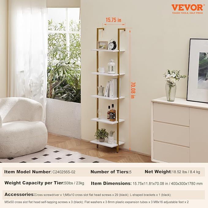 VEVOR Ladder Shelf, 5-Tier Bookshelf 15.6x11.8in, Open Wall-Mounted Ladder Shelf with Metal Frame,Storage Rack Sundries Holder for Kitchen Bedroom Bathroom Living Room, Gold White