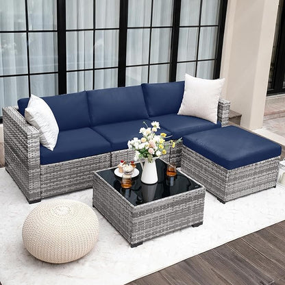 UDPATIO 5 Piece Patio Furniture Set, All-Weather Wicker Outdoor Sectional Sofa, L Shaped Outdoor Conversation Couch with Ottoman, Glass Table for Balcony Porch Backyard, Blue