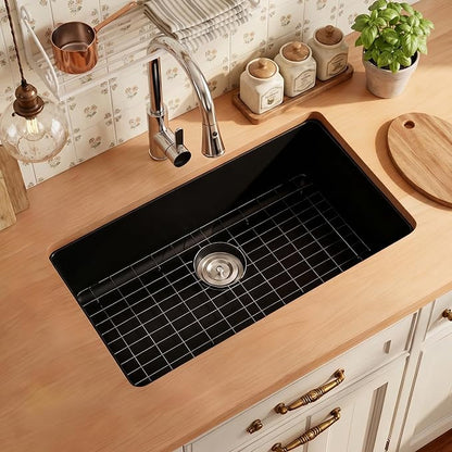 MILOSEN Black Kitchen Sink 31×18×9 Inch, Undermount/Drop In Granite Composite Quartz Single Bowl Sink, Large Deep Undermount Kitchen Sinks with Custom Accessories