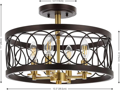 JONATHAN Y 15.5" Oil Rubbed Bronze/Brass Gold 4-Light Metal LED Semi-Flush Mount Ceiling Light, Metal Fretwork Shade for Bedroom Entryway Hallway, Traditional Round Dimmable Fixture (JYL9040B)