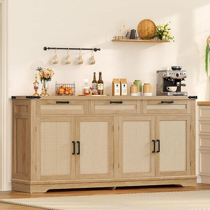 usikey 61” Large Buffet Cabinet with Storage, Sideboard Cabinet with 4 Doors and 3 Drawers, Farmhouse Buffet Table, Dining Room Storage Cabinet for Kitchen or Living Room, Natural
