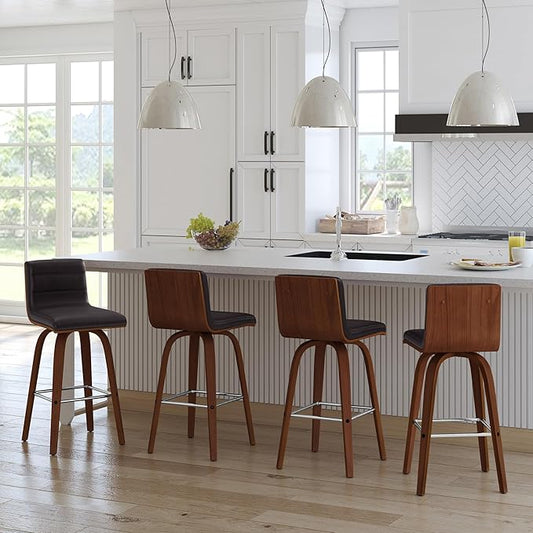 Vienna 26" Swivel Counter Stool in Walnut Wood Finish with Brown Faux Leather - Set of 2