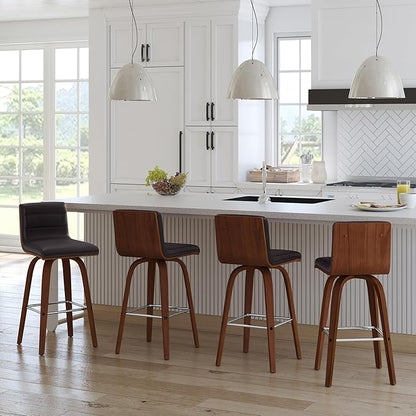 Vienna 26" Swivel Counter Stool in Walnut Wood Finish with Brown Faux Leather - Set of 4