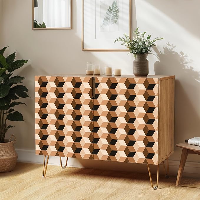 SIGNWIN Sideboard Buffet Cabinet, Kitchen Storage Cabinet with 2 Doors, Vibrant 3D Style Square Cube Patterns, Cupboard Console Table for Dining Room - 35" L x 18" W x 29" H