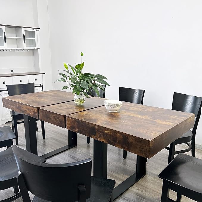 63" - 79" Extendable Dining Room Table, Expandable Kitchen Table for 6 to 10 People, Modern Wood Conference Table, Large Farmhouse Dining Table(Rustic Brown & Black, Double-U Base)