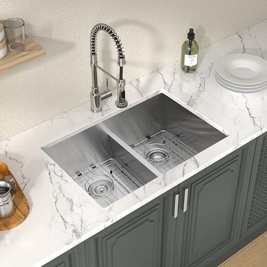 Lordear 28 Undermount Sink Double Bowl 28 Inch Kitchen Sink Undermount Low Divide Double Bowl 50/50 16 Gauge Stainless Steel Kitchen Sinks Handmade